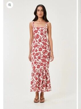 Summer Away Cream Maxi Dress with Red Floral Print and Square Neck